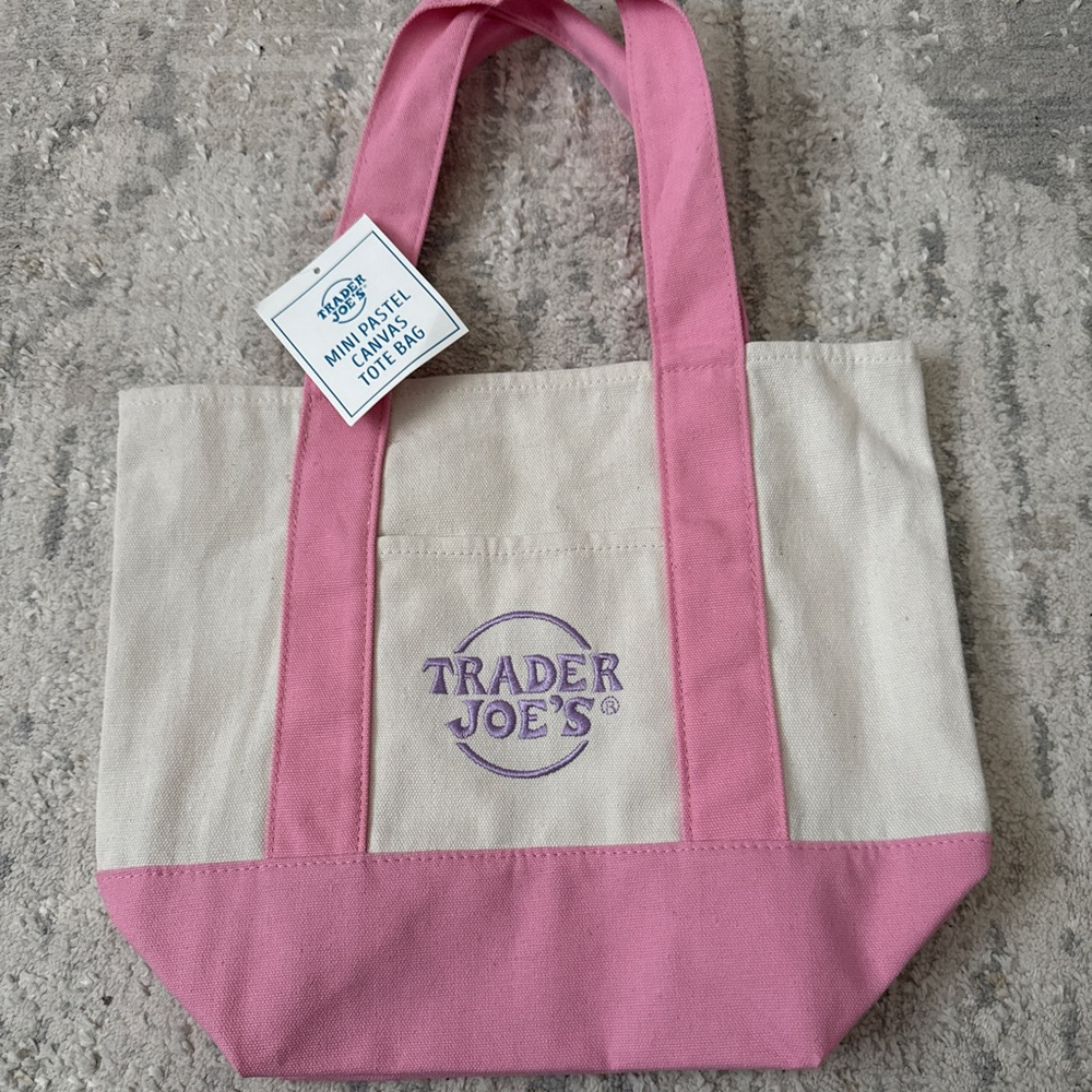 Unisex NWT Trader Joe's Mini Pastel Canvas Tote Bag Beige Pink - Picture 5 of 7